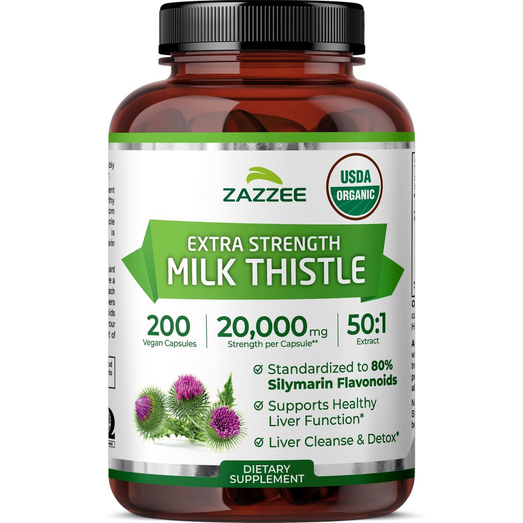 Zazzee Organic Milk Thistle 50: 1 Extract, 20.000 mg Strength, 200 Vegan Capsules, 80% Silymarin Flavonoider, Over 6 Måned Supply, Standardized and Concentrated 50X Extract, All- Natural and Non- GMO