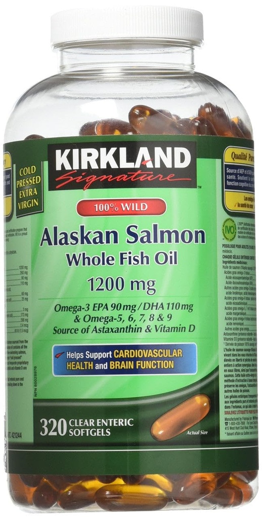 Kirkland Signature 100% Wild Alaska Salmon Oil 90 EPA 110 DHA 1200mg - 320 Enteric Coated Softels