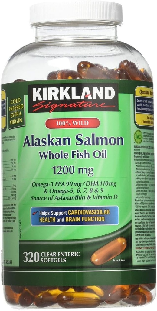 Kirkland Signature 100% Wild Alaska Salmon Oil 90 EPA 110 DHA 1200mg - 320 Enteric Coated Softels