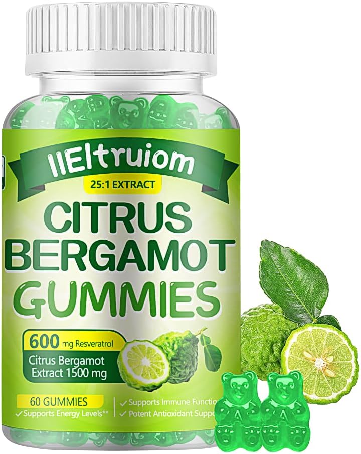 Citrus Bergamot 1500mg, Citrus Bergamot Gummies for Sund Kolesterol, Bergamot Supplements 25: 1 Uddrag fra Italien Bergamot, Resveratrol & Niacin - Natural Vegan 60 Gummies
