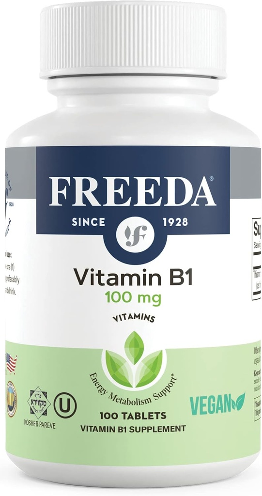 Freeda vitamin B1 thiamin 100mg - Understøtter energi Metabolisme, nervesystem sundhed - Kosher, Vegan, Gluten Free - Thiamin HCl 100 mg vitamin B 1 - Pure Vit B1 vitamin thiamin B1 tillæg (100 Ct)