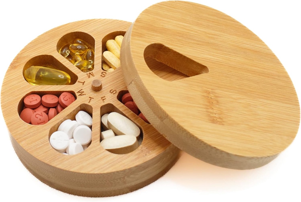 Medicine Organizer Wood Daily Weekly, Travel Pill Organizer og Pill Holder, Vitamin Medicin Pill Organizer Case Box, Pill Box Dag, Forbedret design med ugedage og Solid Wood Lid