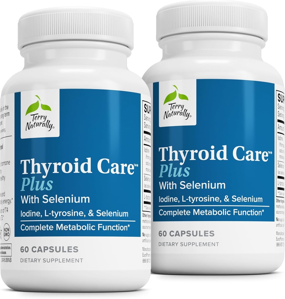 Terry naturligt Thyroid Care Plus - tillæg til støtte Thyroid - Kosttilskud til energi og sund hårstøtte - tillæg med L- Tyrosin & Selenium - 60 kapsler (2 pakker)