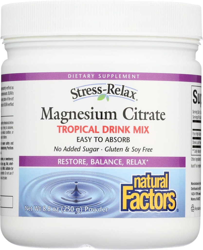 Stress- Relax Magnesium Citrate Drink Mix af naturlige faktorer, Gendanner normale niveauer af Magnesium & Balancer Calciumindtag, Non- GMO, Tropical Flavor, 8.8 oz (75 portioner)