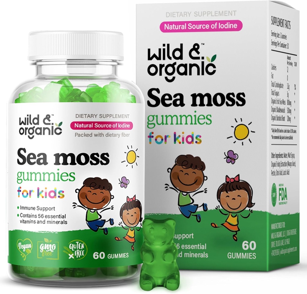Wild & Organic Irish Sea Moss Gummies for Kids 800mg - Immunstøtte med Bladderwrack - Vegan Sea Moss Gel Chews for Total Support - 60 Non- GMO Seamoss Gel Gummies