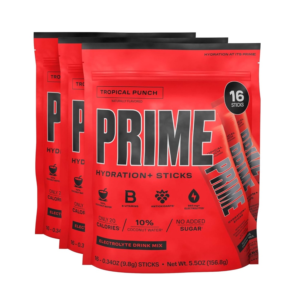 PRIME HYDRATION + Sticks Tropical Punch Duty 124; Hydration Powder Single Serve Sticks Duty 124; Electrolyte Powder On the Go Duty 124; 250mg BCAA, B Vitamin, Antioxidanter Duty 124; Lavt sukker Duty 124; Kaffe- Free Duty 124; Vegan Duty 124; 48 Sticks