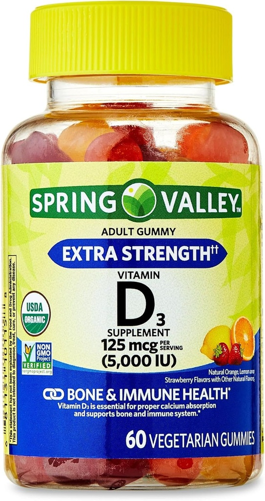 IKJ Extra Strength Vitamin D3 Bone & immunsygdom Kosttilskud Vegetarisk Gummies, 125 mcg (5000 IE), 60 Tæl