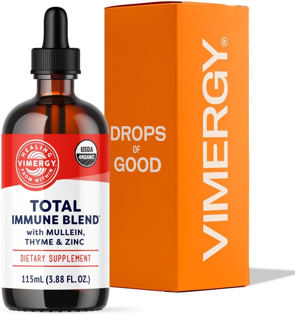 Virergy Total immun Blend * Væske tillæg, 57 Serveringer Fast- Absorbing immunforsvar - All- Sæson, Zink, Thyme og Mullein Drops Non- GMO, Vegan, USDA Organic, Immunity Support for voksne (115 ml)