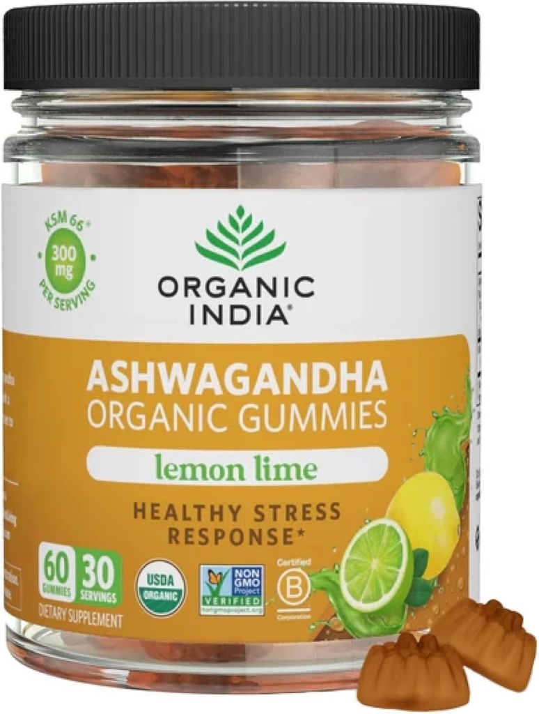 ORGANISK INDIA Ashwagandha Gummies for mænd og kvinder - Stress Supplement, KSM- 66 Ashwagandha Root, Ekstra Styrke, rolige tykkere, Vegan, Non- GMO - Lemon Lime, 60 Gummies