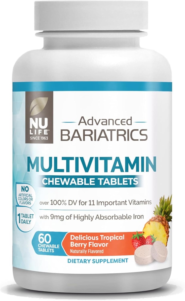 NU Life Advanced Bariatrics Multivitamin Chewable Tablets, Bariatric Mulivitamin with Iron - Tropical Berry (60 Chewable Tablets) (Packaging May Vary)