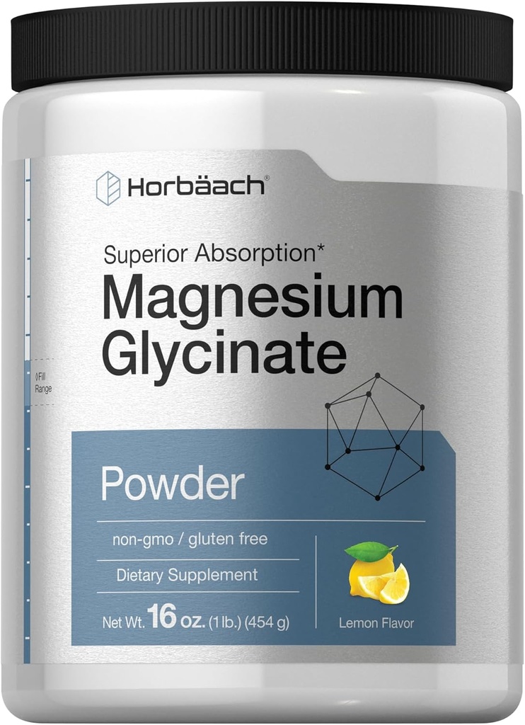 Horbäach Magnesium Glycinate Powder | 1 lb | Lemon Flavored | Superior Absorption | Non-GMO & Gluten Free