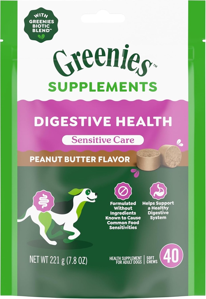 Greenies Sensitive Care fordøjelig sundhed hund supplement kylling-fri formel, med en Probiotic for hunde, Peanut Butter Flavor, 40 Count Pouch