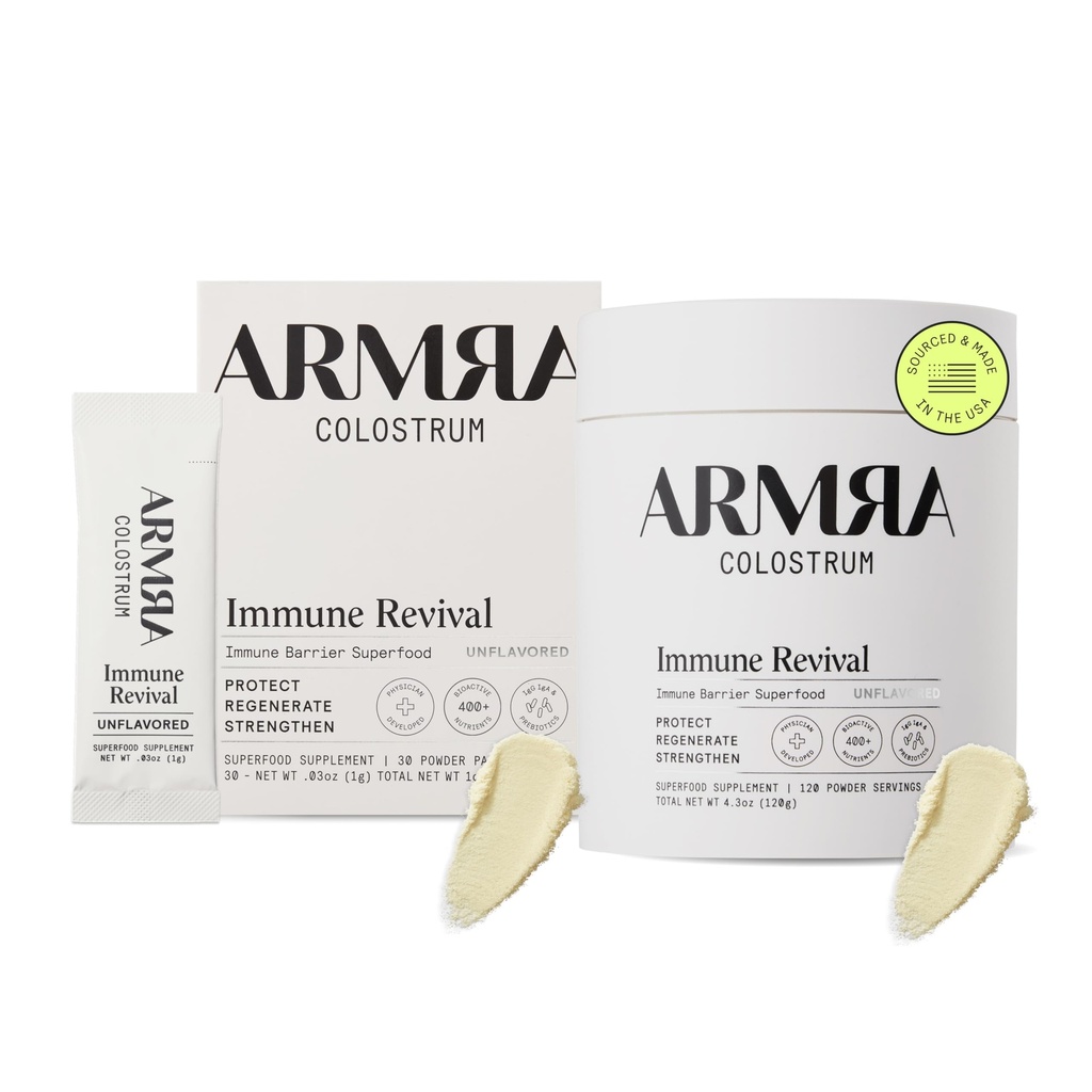 ARMRA Colostrum ™ Premium Powder, Grass Fed, Gut Health Bloating Immunity Skin & Hår, Indeholder 400 + bioaktive næringsstoffer, Keto, Gluten & Fat Free (Unflavored Bundle Medic124; 150 Servere)