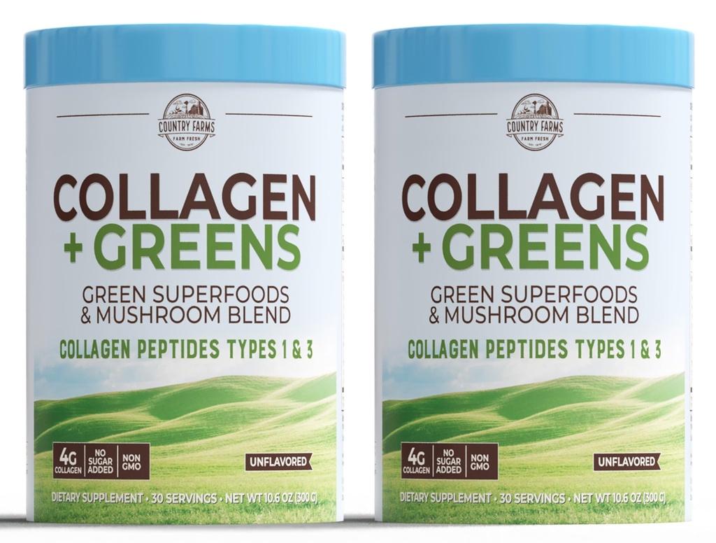 LAND FARMS collagen peptider pulver med grønne kost pulver supplement (type I, III) til hud hårsøm og joints, Dairy / Gluten / sukker fri, energigivende superfood, 21.2 Oz, 60 Servere