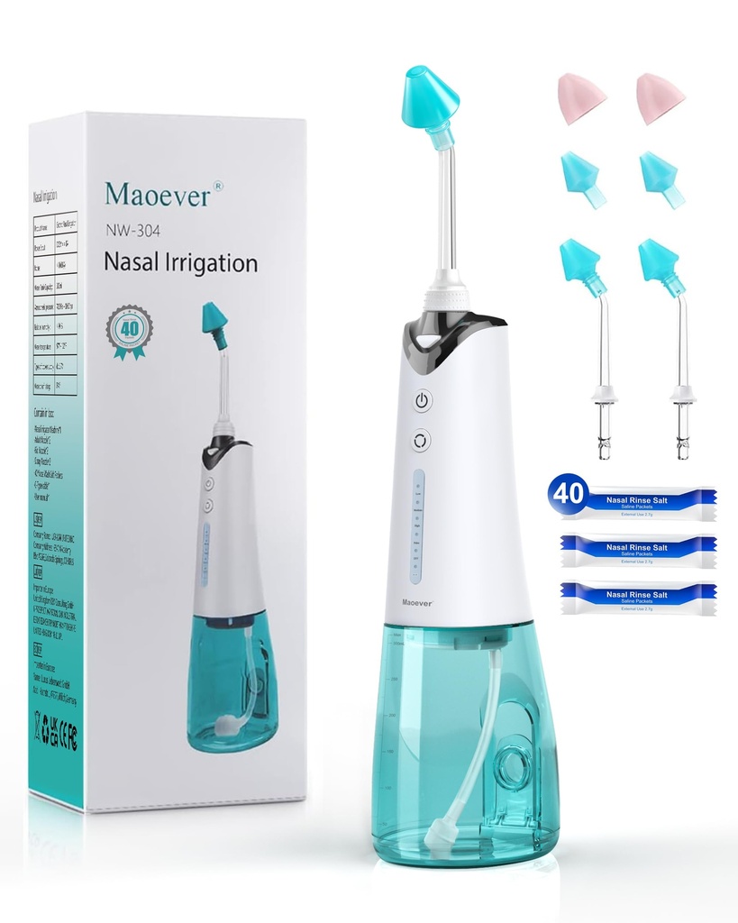 Nasal kunstvanding System, Cordless Nasal skylning Maskine til Sinus Relief & Nasal Care, Electric Neti Pot med 6 tips og 40 saltsække Nasal kunstvanding Sinus skylning System Kit til voksne & Kid