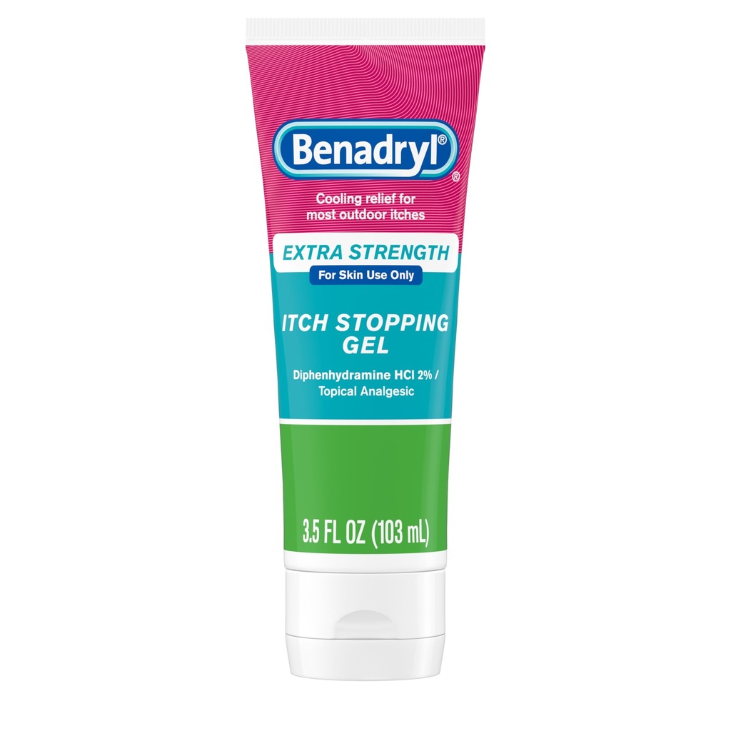 Benadryl Extra Strength Anti Itch Relief Gel, 2% Diphenhydramin HCl, Relief from Insect Bites, Sunburn & More, Great for Camping Essentials, 3,5 fl oz