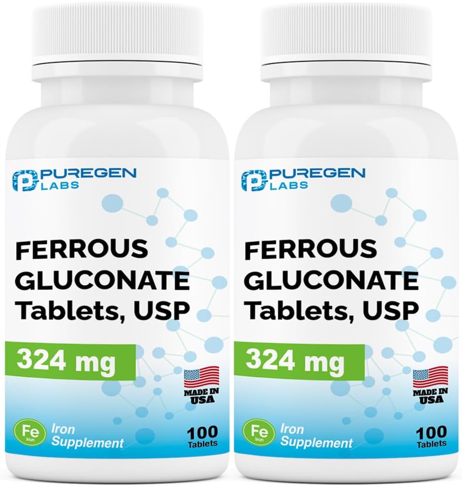 Puregen Labs Ferrous Gluconate 324 mg [høj potens] Jerntilskud, let på Mavesæk 124; 2 Pack - 200 tabletter i alt