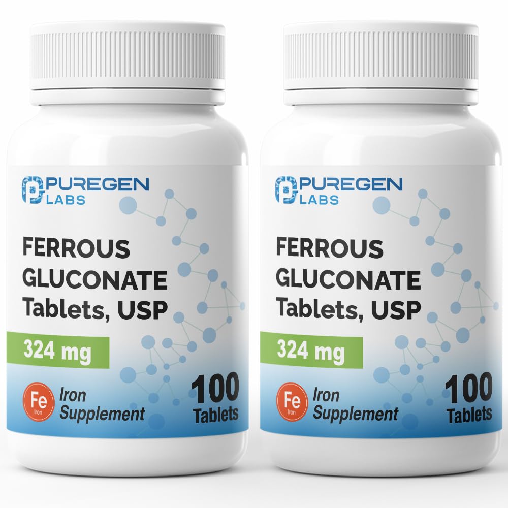 Puregen Labs Ferrous Gluconate 324 mg [høj potens] Jerntilskud, let på Mavesæk 124; 2 Pack - 200 tabletter i alt