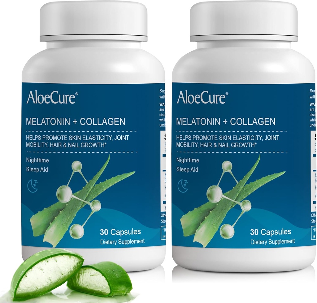 AloeCure Natural Melatonin + Collagen med Organic Aloe Vera - Natural Sleep Support for Rastful Nights - Collagen Complex for fælles styrke, Hud Elasticitet, Hår & Nail vækst, 30 kapsler