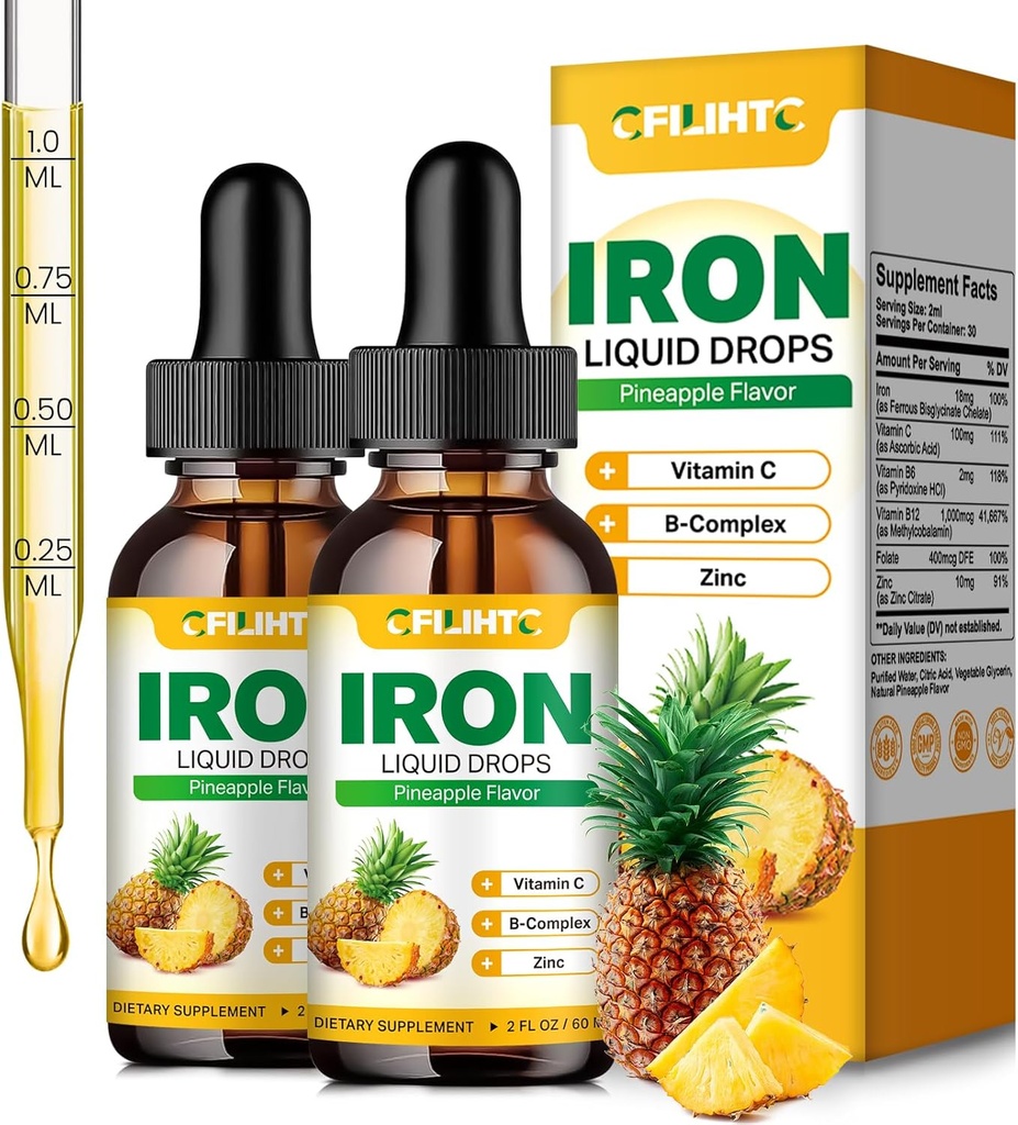 Flydende jerntilskud til kvinder Mænd og børn Multivitamin jerndråber med folat, C-vitamin, B6, B12, Zink til anæmi, jernmangel, blodbygger, energi - Natural Ananas Flavor, Vegan 4 Fl Oz