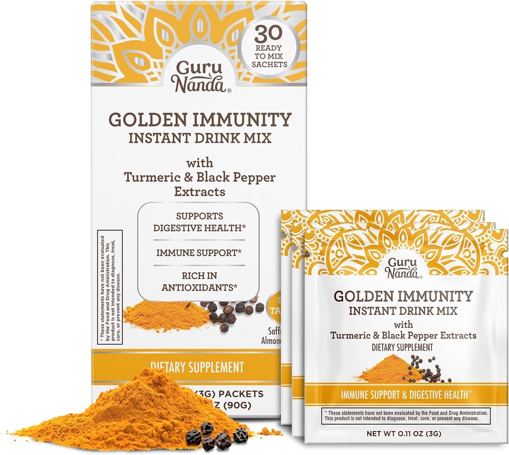 GuruNanda Golden Immunity Instant Drink Mix med gurkemeje & sort pepper - Rig i antioxidanter til støtte immunsystem & fordøjelsessygdomme - Safran & mandelsmag, On- The- Go Sachets (30 Greve)