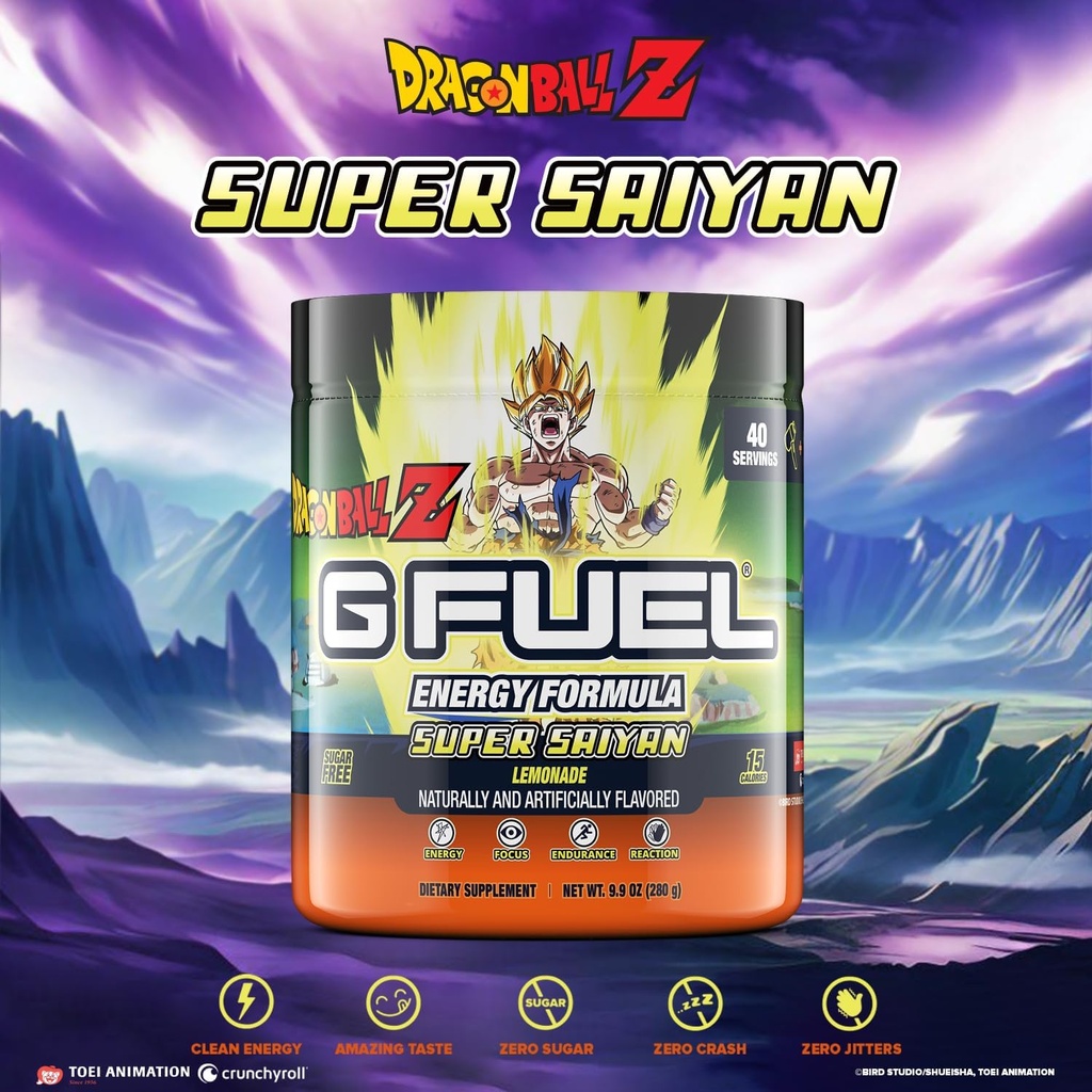 G Fuel Dragon Ball Z Energy Drink Powder, Pre Workout Koffein Mix til Gaming, Sugar Free Focus Amino, Vitamin + Antioxidanter, 9.9oz (Lemonade, 40 Servere)