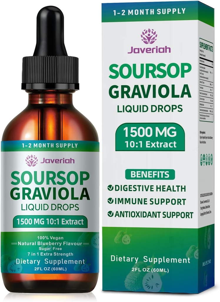 2 Pack Soursop Graviola Leaf Extract Liquid Drops Supplement med Irish Sea Moss & Turmerisk til Cellular Support, Immunsystemet Boost, Lever Sundhed, Soursop Bitters Liquid 60- Day Supply 4 FL OZ