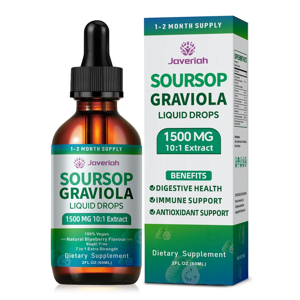 2 Pack Soursop Graviola Leaf Extract Liquid Drops Supplement med Irish Sea Moss & Turmerisk til Cellular Support, Immunsystemet Boost, Lever Sundhed, Soursop Bitters Liquid 60- Day Supply 4 FL OZ