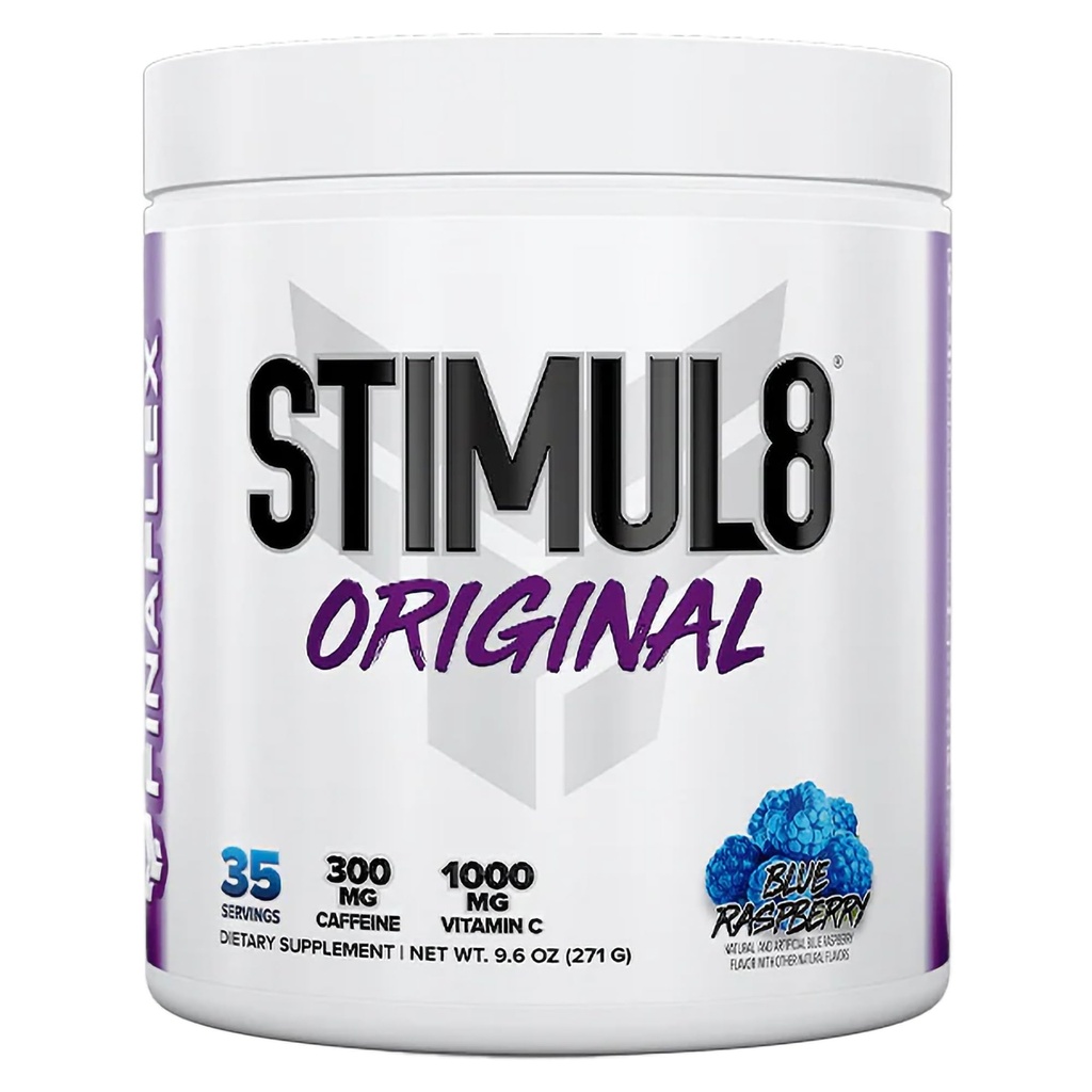 FINAFLEX STIMUL8 Original Pre- workout, Blå Hindbær - Energi, Styrke & Udholdenhed for mænd og kvinder - med koffein, Beta- Alanine & C-vitamin - 35 Servering