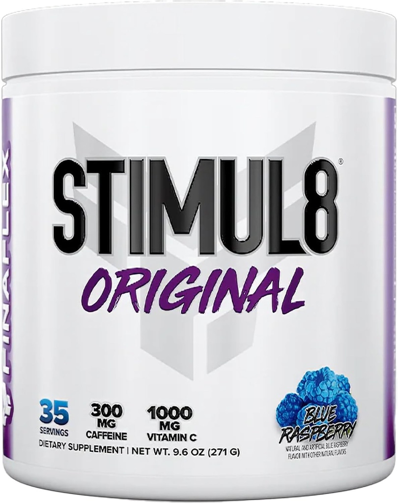 FINAFLEX STIMUL8 Original Pre- workout, Blå Hindbær - Energi, Styrke & Udholdenhed for mænd og kvinder - med koffein, Beta- Alanine & C-vitamin - 35 Servering