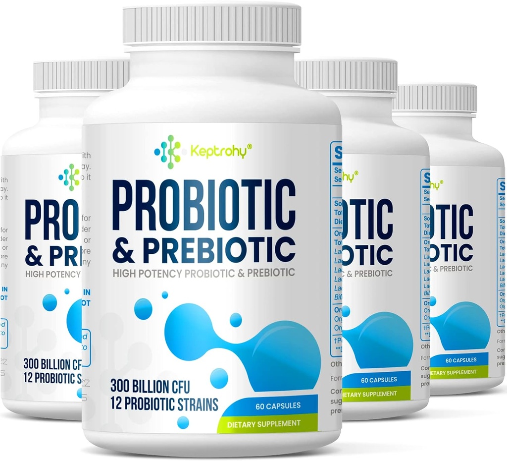 Probiotika til kvinder og mænd, 300 Millioner CFU Probiotika fra 12 Stammer Probiotika, Organic Prebiotics Blend, Probiotisk supplement til Gut immunforsvar & fordøjelsessygdomme, Hylde Stabil, 240 Kapsler