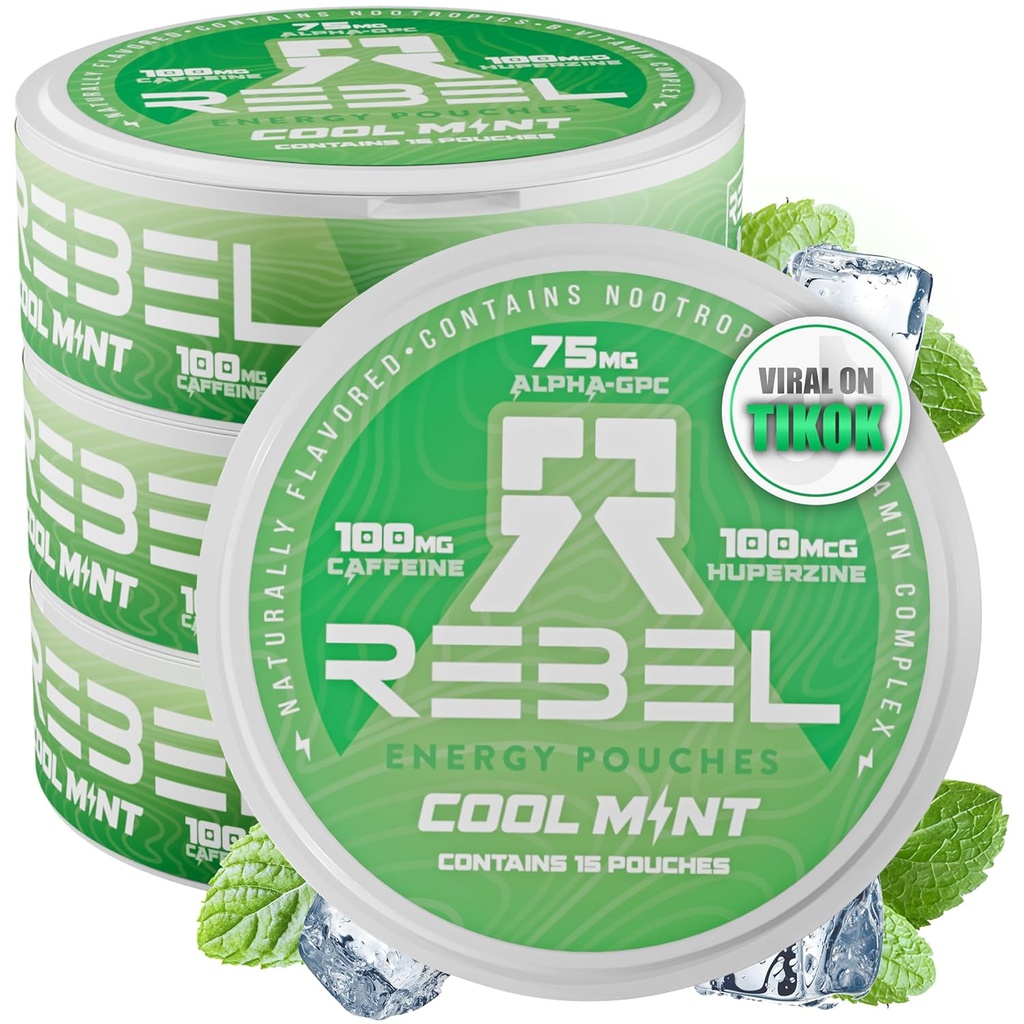Nootropisk energi Koffein Pouches • 100mg Koffein • Alpha GPC • Huperzine A & Essentielle vitaminer • Sukkerfri • Kokosolie Fiber Technology • Cool Mint Flavor • 15 Pouches Per Can (pakke med 4)