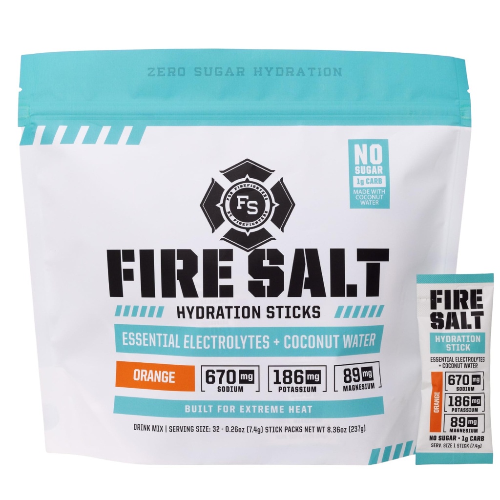 Fire Science Fire Salt Hydration Sticks, Electrolytes & Coconut Water, Hydration Drink Mix with Magnesium, Potassium & Sodium, Zero Sugar, Single Serve On the Go Packs, Vegan, Orange Flavor, 32 Count