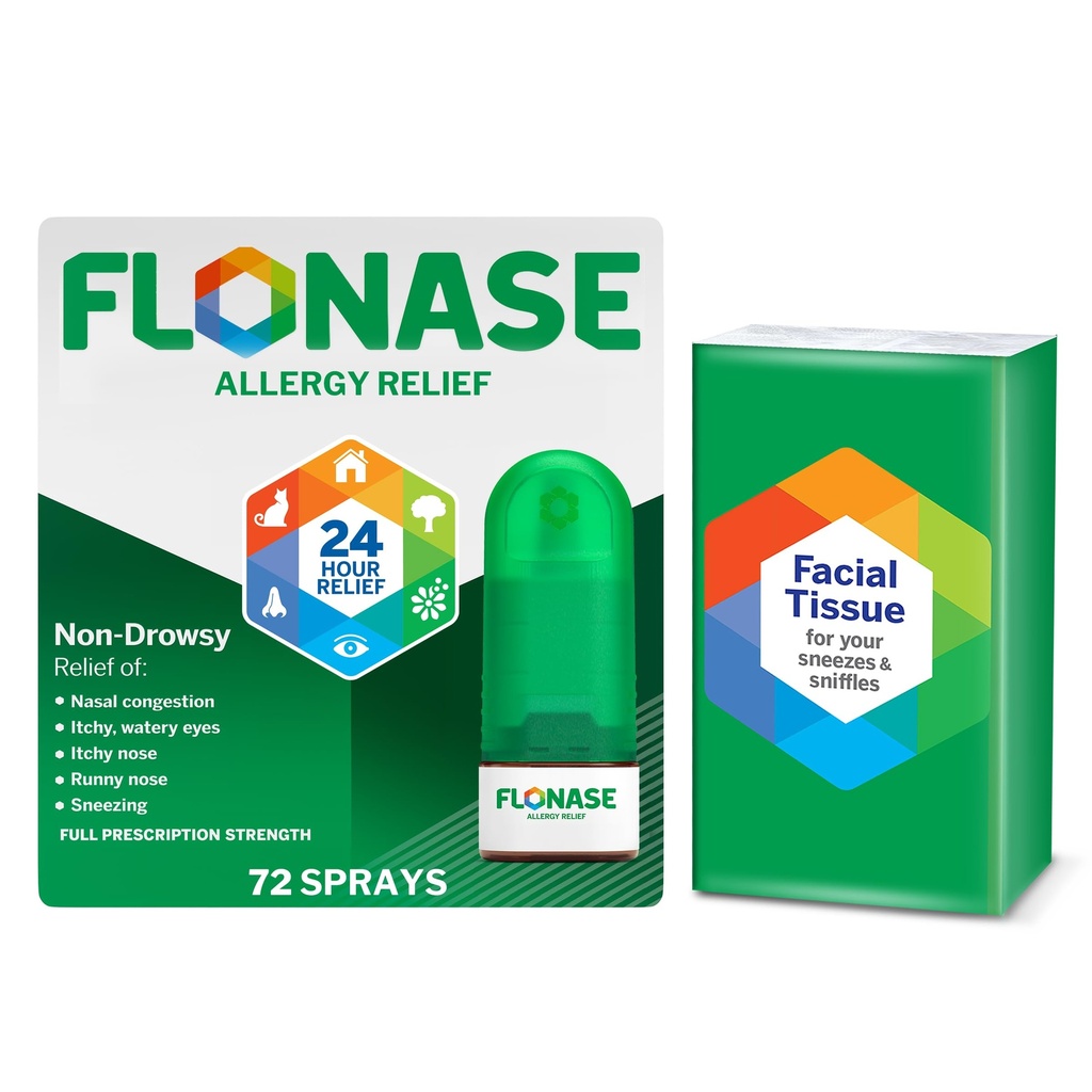 Flonase Allergi Relief Nasal Spray, 24-timers non- Drowsy Multi- symptom Relief - 72 sprays plus bonus pakke af væv