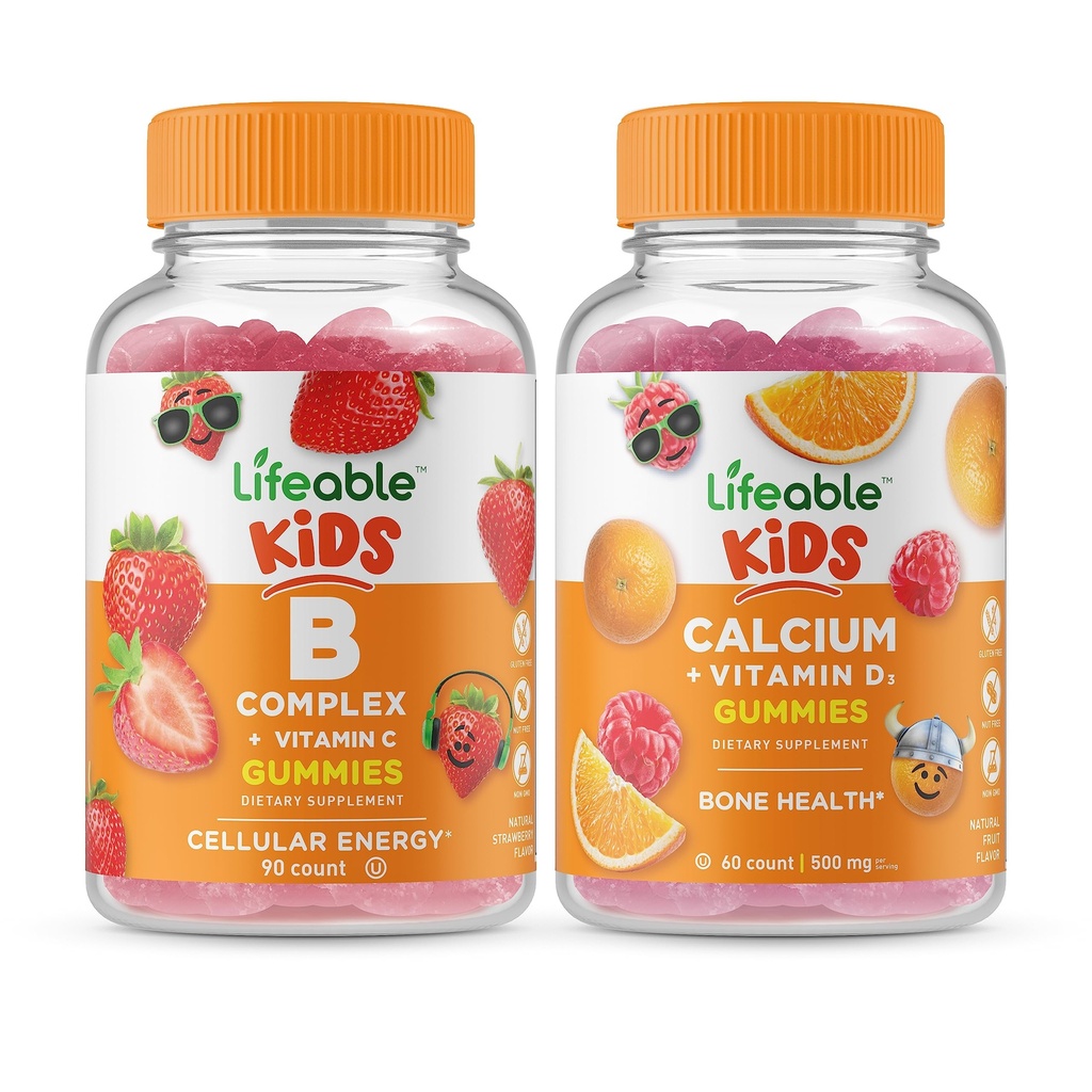Lifeable B Complex Kids + Calcium med D-vitamin Kids, Gummies Bundle - Great Tasting, Vitamin Supplement, Gluten Free, GMO Free, Chewable Gummy