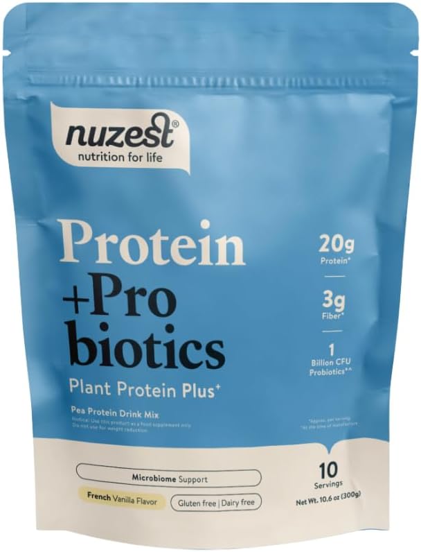 Nuzest - Protein + Probiotika - Gut Health - Superfood Powder Plant Protein Blend - 300g / 10.6 oz Pouch (10 Servere) (Fransk Vanilla, 300g)