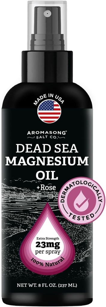 Aromasong Magnesium Spray Rose - Extra Strength (23mg i hver spritz) 8 Oz - Natural and Pure Magnesium Oil Spray - Made in The USA - for ben discomfort og fremmer en rolig søvn