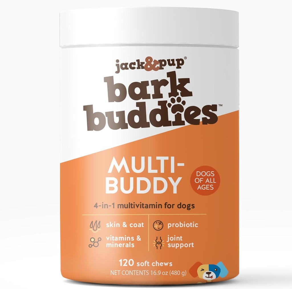 Jack & Pup Hund Multivitamin Buddies Hund Vitamin og Kosttilskud til Senior Hund til Hvalpe Buddies 124; Daily Hund Multivitaminer Chewable for Immunity, Joint, fordøjelse, Hud og Coat Sundhed (120ct)