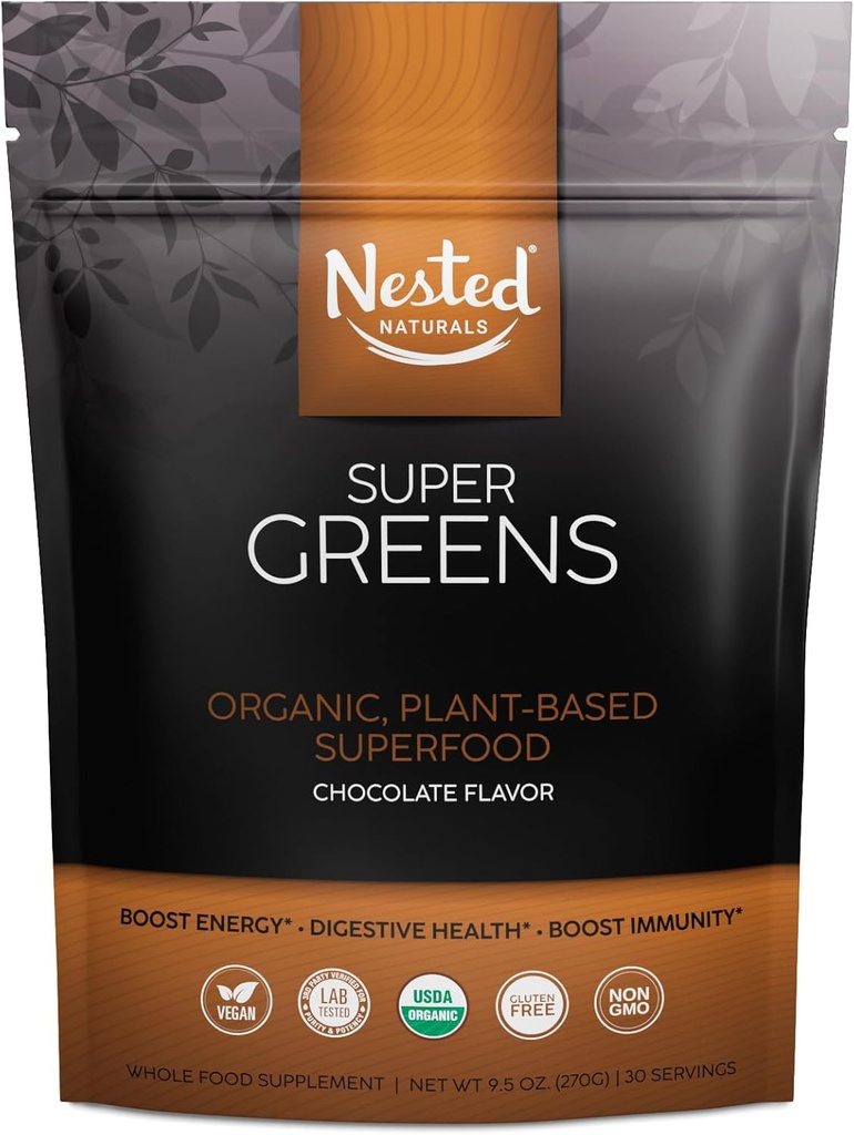 Super Green # 1 Green Superfood Powder 124; 100% USDA Organic non-GMO Vegan Supplement 124; 20 + Hele fødevarer (Spirulina, hvede græs, barley), Probiotika, Fiber & Enzymes (Original, 30 Servere) (Chokolade)