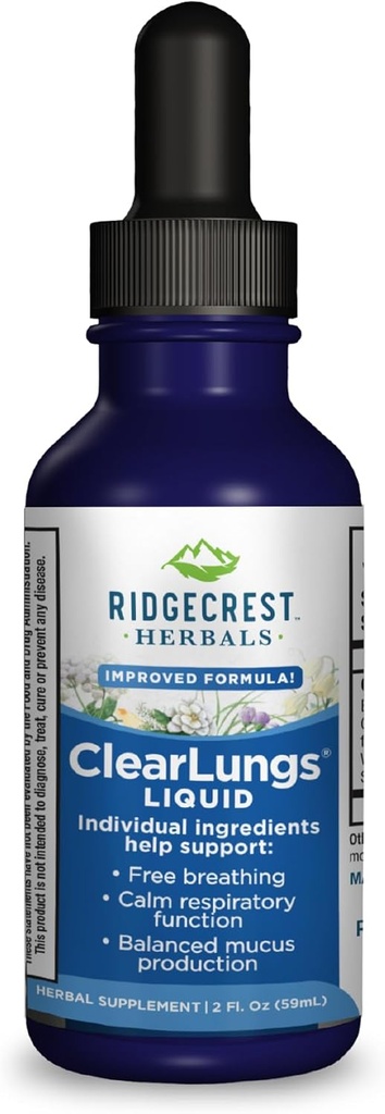 Ridgecrest Herbals ClearLungs Liquid Herbal Wellness Supplement, Orange Flavor Alkohol gratis for voksne og børn, Natural Lung Formel (2 fl oz, 29 Servere)