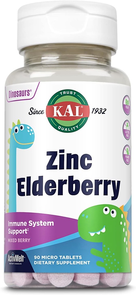 KAL Kids Zink Elderberry dinosaurer, immunsupport * for børn w / Sambucus Elderberry, Hurtig opløsning blandet bær ActivMelts, Fun, Tasty Dino Shapes, Vegan, 90 Servere, 90 Micro Tablets