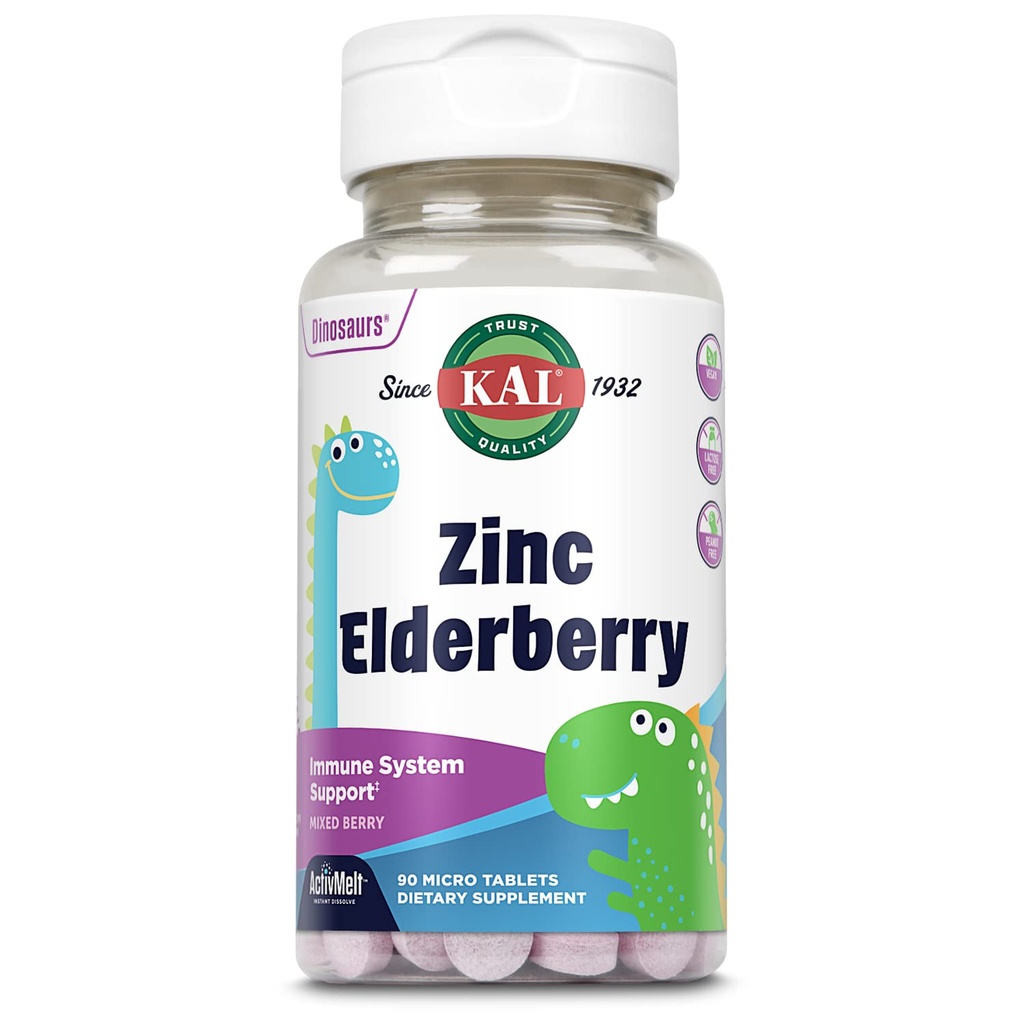 KAL Kids Zink Elderberry dinosaurer, immunsupport * for børn w / Sambucus Elderberry, Hurtig opløsning blandet bær ActivMelts, Fun, Tasty Dino Shapes, Vegan, 90 Servere, 90 Micro Tablets