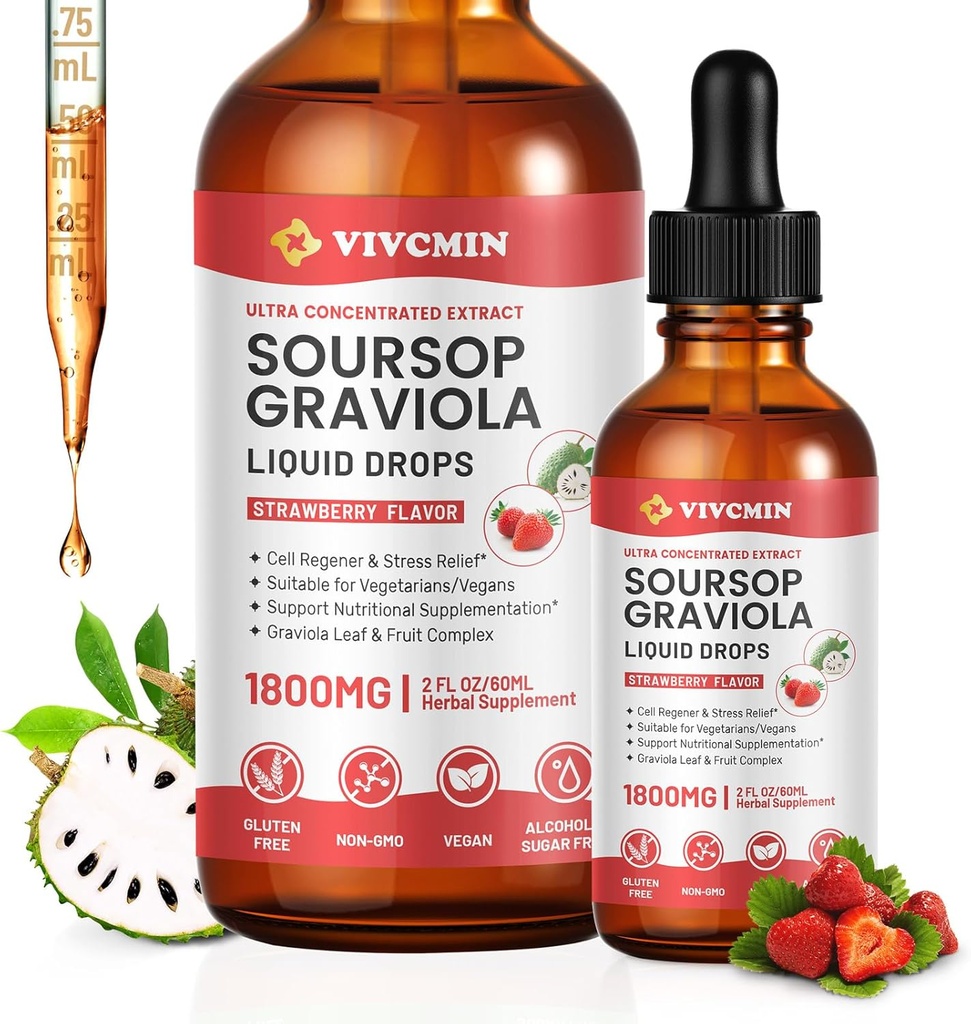 Graviola Soursop Leaf Extract Liquid - Soursop Bitters Liquid, Support Immunation, Slap af, Lever og søvn, Sukker & Alkohol- Gratis, Højt Absorberbare Formel, Jordbærsmag, 2 Fl Oz