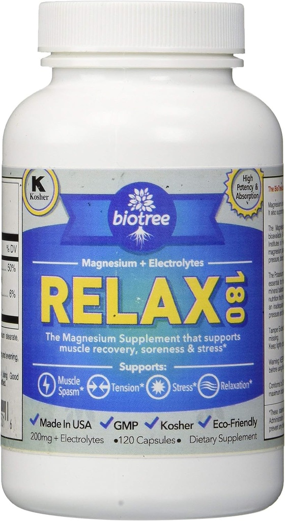 BioTree Labs Relax 180 - Pakke med 120, Magnesium & Kalium tillæg med elektrolytter