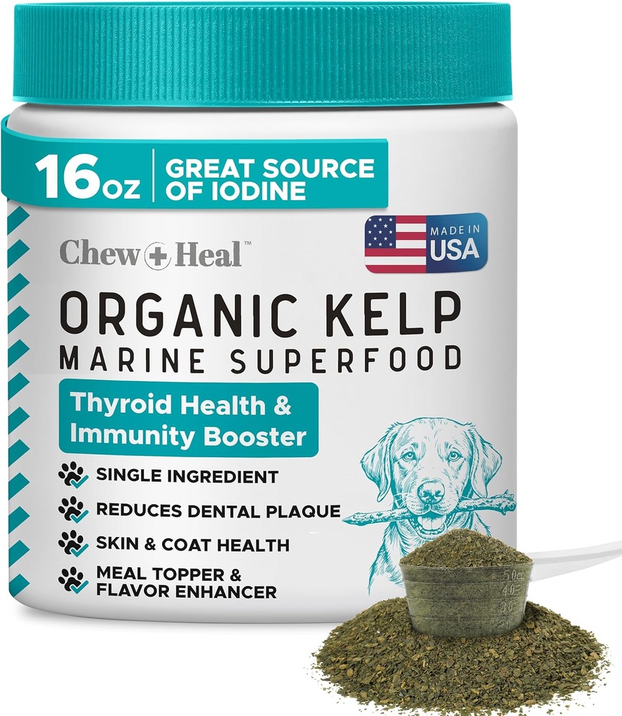 Kelp supplement til hunde - 16 oz af kelp pulver Granulater med 5cc Spoon - Godt for sund thyreoideafunktion, Reducere tandplak, og hud sundhed - Made in USA