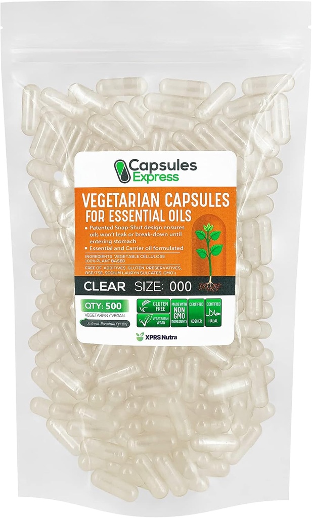 XPRS Nutra Størrelse 000 Tomme Veganske Kapsler - 500 Greve store klare Veggie Kapsler til mest essentielle olier - Tomme Vegetabilske Piller - DIY Oil Fyldning