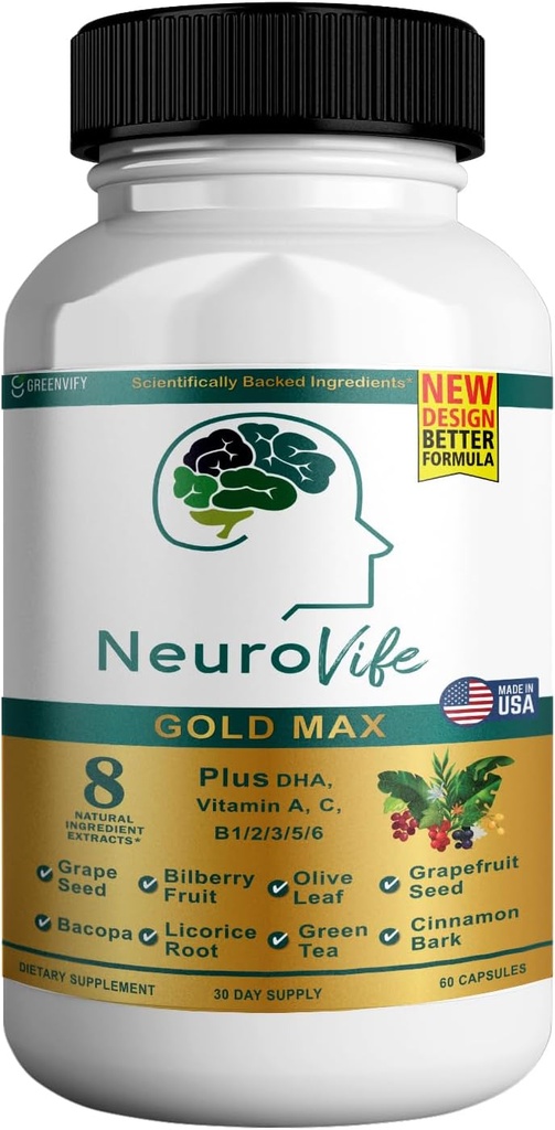 NeuroVife Gold Max Brain Support Supplement: 124; 8 Naturlige Ekstrakter med DHA, Vitamin A, C, B Complex