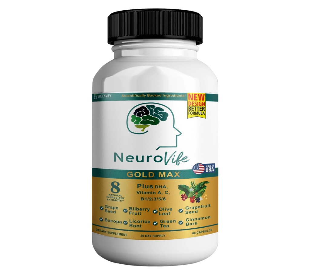 NeuroVife Gold Max Brain Support Supplement: 124; 8 Naturlige Ekstrakter med DHA, Vitamin A, C, B Complex