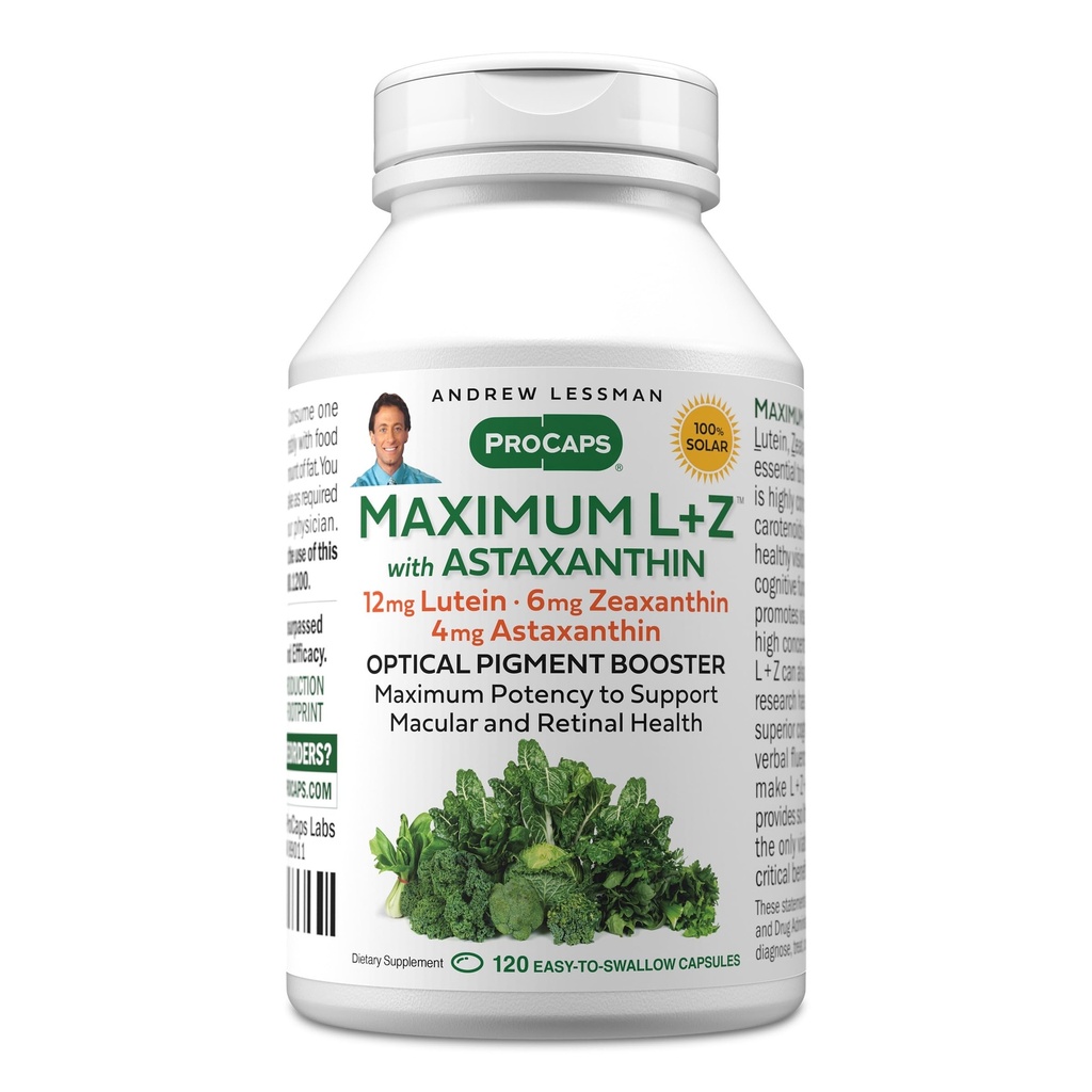ANDREW LESSMAN Maksimum L + Z med Astaxanthin 120 Softgels - 12 mg Lutein, 6 mg Zeaxanthin, 4 mg Astaxanthin. Nøglenæringsstoffer til støtte øje og hjerne sundhed, og fremme sund vision.