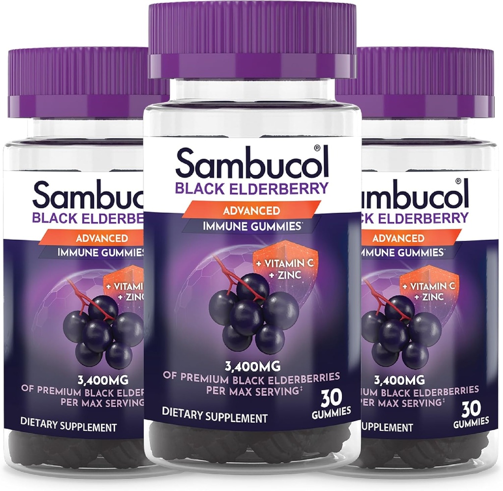 Sambucol Black Elderberry Gummies - Hyldebær med zink og C-vitamin til voksne, Sambucus Elderberry Gummies, immunstøtte Gummies - 30 Greve, 3 Pack